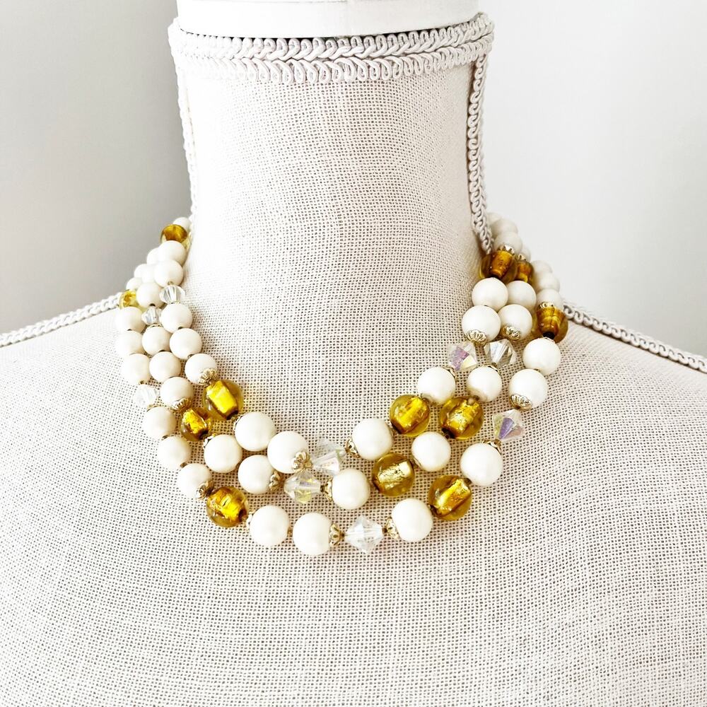 Vintage Mid-Century 3-Strand Faux Pearl Gold & AB Necklace